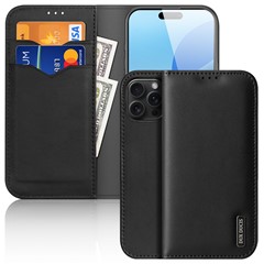 DUX DUCIS Hivo Series for iPhone 16 Pro Case Cowhide Leather Wallet Phone Cover Stand View - Black