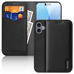 DUX DUCIS Hivo Series for iPhone 16 Case Cowhide Leather Wallet Stand Flip Phone Cover - Black