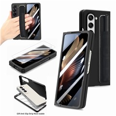 For Samsung Galaxy Z Fold6 5G Case Wristband Pen Slot Leather+PC Phone Cover with Screen Film - Black