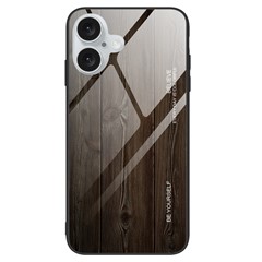 For iPhone 16 Plus Case TPU+Tempered Glass Back Phone Cover Wood Texture - Black