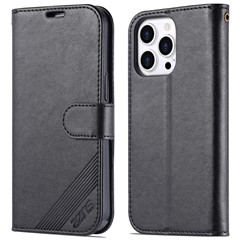 AZNS For iPhone 16 Pro Stand Case Anti-Drop PU Leather Wallet Phone Cover - Black