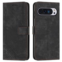 For Google Pixel 10 Pro XL / 9 Pro XL Case Lines Imprinted Folio Flip Leather Phone Cover - Black