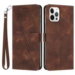 For iPhone 16 Pro Max Case Triangle Pattern PU Leather Phone Cover with Wrist Strap - Brown