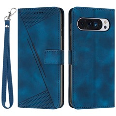 For Google Pixel 10 Pro XL / 9 Pro XL Case Triangle Pattern Leather Wallet Purse Handbag Phone Cover - Sapphire