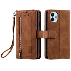 For Xiaomi Redmi 13 5G / 4G Case PU Leather Phone Cover with Zipper Wallet 9 Card Slots - Brown