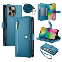 DF-011 For iPhone 16 Pro Max Wallet Case Card Slots Leather Phone Cover with Long / Short Straps - Blue