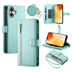 DF-011 For iPhone 16 Plus Case Zipper Pocket Leather Wallet Phone Cover with Straps - Mint Green