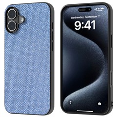 ABEEL For iPhone 16 Plus Case Rhinestone Texture PU+PC+TPU Phone Cover Black Edge - Blue