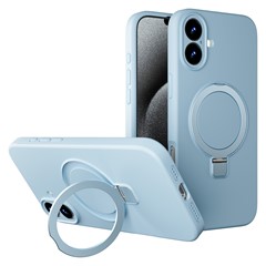 For iPhone 16 Case Rotatable Magnetic Kickstand Liquid Silicone Shockproof Phone Cover - Sky Blue