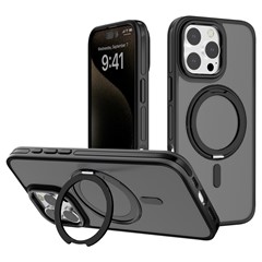 C1 Series For iPhone 16 Pro Case Matte Translucent Back TPU+PC Phone Cover Rotatable Magnetic Kickstand - Black