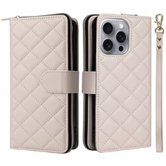 For iPhone 16 Pro Max Case Zipper Wallet Rhombus Crossbody Leather Phone Bag - Beige