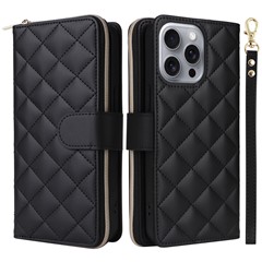 For iPhone 16 Pro Case Zipper Wallet PU Leather Rhombus Phone Cover with 2 Straps - Black