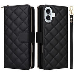 For iPhone 16 Plus Case Stitching Rhombus Leather Phone Cover with Zipper Pocket - Black