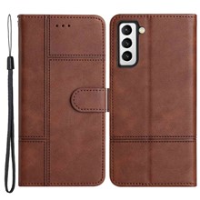 For Samsung Galaxy S22 5G Magnetic Buckle Business PU Leather Case Lines Imprinted Stand Wallet Folio Phone Cover with Strap - Coffee