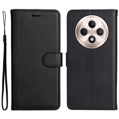 For Oppo Reno12 F 4G Case Solid Color Leather Mobile Cover Wallet Stand with Strap - Black