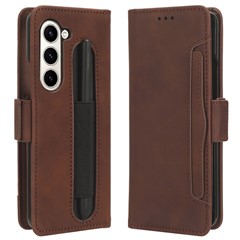 For Samsung Galaxy Z Fold6 5G Stand Case with Pencil Slot Anti-Scratch Leather Phone Cover - Brown