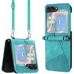 For Samsung Galaxy Z Flip5 5G Crossbody Case PU Leather Triangle Patterns Slim Phone Cover - Green