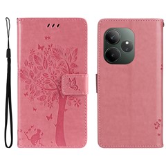 For Realme GT 6 5G Phone Case with Stand Cat Tree Pattern Leather Wallet Mobile Cover - Pink