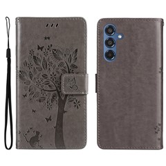 For Samsung Galaxy M35 5G Phone Case with Stand Cat Tree Pattern Leather Wallet Mobile Cover - Grey