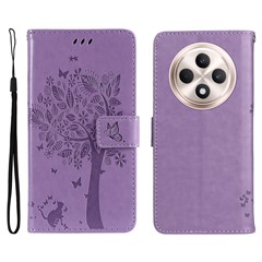 For Oppo Reno12 F 4G Phone Case with Stand Cat Tree Pattern Leather Wallet Mobile Cover - Light Purple