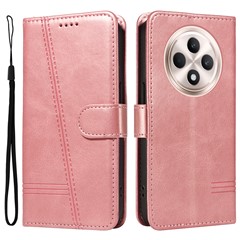 For Oppo Reno12 F 4G Case T-Shape Lines Folding Stand Leather Phone Cover - Rose Gold