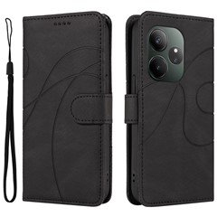 For Realme GT 6 5G Case Stand Wallet Leather Phone Cover Curved Line Wrist Strap - Black