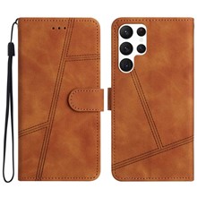 PU Leather Phone Cover for Samsung Galaxy S22 Ultra 5G, Skin-touch Feeling Lines Decor Retro Phone Case Stand Wallet - Brown