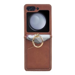 For Samsung Galaxy Z Flip5 5G Case Card Slot Ring Holder Leather+PC Phone Cover - Dark Brown