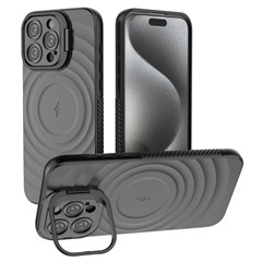 For iPhone 16 Pro Max Case PC Kickstand Ripple Texture TPU Phone Cover Compatible with MagSafe - Black