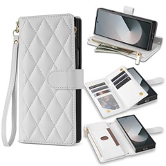 CSJ-P2 For Samsung Galaxy Z Fold6 5G Phone Case Stitching Leather Wallet Cover with Straps - White