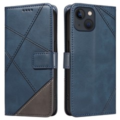 For iPhone 14 Case Wallet Geometric PU Leather Phone Cover Calf Texture - Blue
