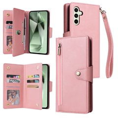 For Samsung Galaxy S24 FE Case Rivet Decor Zipper Pocket Leather Phone Cover - Rose Gold