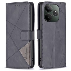 BINFEN COLOR For Realme GT 6 5G / GT 6T 5G Phone Cases Wallet Stand Geometry Imprint Leather Cover - Black