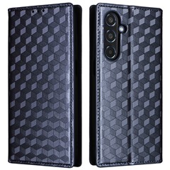 For Samsung Galaxy M35 5G Leather Case Magnetic Closing Rhombus Phone Cover - Blue