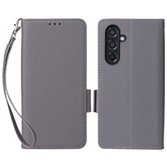 For Samsung Galaxy M35 5G Case with Wrist Strap Litchi Texture PU Leather Wallet Phone Cover - Grey