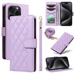 For iPhone 15 Pro Max Crossbody Case Stand Quilted Leather Protective Phone Cover - Light Purple