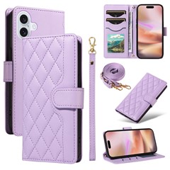 For iPhone 16 Case Wallet Quilted Leather Phone Cover with Shoulder Strap, Wrist Strap - Light Purple