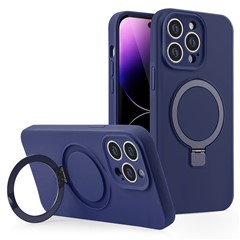 For iPhone 15 Pro Max Magnetic Case Liquid Silicone Phone Cover Ring Magnetic Kickstand - Midnight Blue