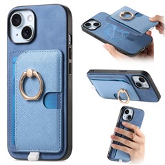 For iPhone 15 Case Ring Kickstand Leather+TPU+PC Phone Cover Detachable 2-in-1 Card Holder - Blue