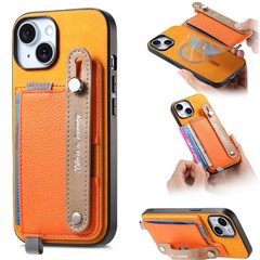 For iPhone 15 Magnetic Leather Back Case with Detachable Card Holder and Wristband - Orange