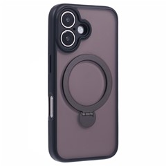 For iPhone 16 Case Compatible with MagSafe Matte TPU+PC Rotary Kickstand Phone Cover - Black
