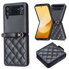 For Samsung Galaxy Z Flip4 5G Leather Back Case Rhombus Phone Cover with Shoulder Strap - Black
