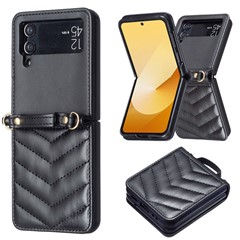For Samsung Galaxy Z Flip4 5G Leather Case Wave Pattern Phone Back Cover with Shoulder Strap - Black