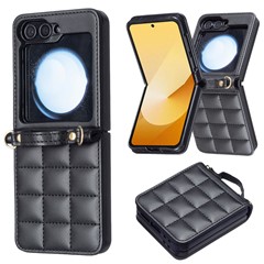 For Samsung Galaxy Z Flip7 FE 5G / Z Flip6 5G / Z Flip5 5G Phone Case Square Grid Leather Cover with Shoulder Strap - Black