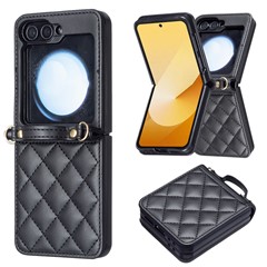 For Samsung Galaxy Z Flip7 FE 5G / Z Flip6 5G / Z Flip5 5G Leather Back Case Rhombus Phone Cover with Shoulder Strap - Black