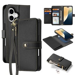 DUX DUCIS Lawa Series for iPhone 16 Plus Case Compatible with MagSafe Detachable Cowhide Leather Wallet Cover - Black
