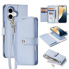 DUX DUCIS Lawa Series for iPhone 16 Magnetic Case Detachable Zipper Wallet Cowhide Leather Cover - Baby Blue