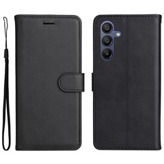 For Samsung Galaxy A17 5G / A17 4G / A26 5G / A16 5G / A16 4G Case Solid Color Leather Mobile Cover Wallet Stand with Strap - Black