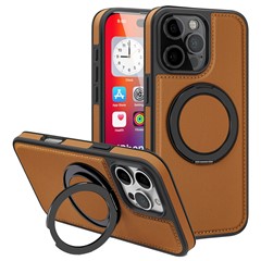 For iPhone 16 Pro Case with Ring Kickstand Compatible with MagSafe PU Leather Back Cover - Brown