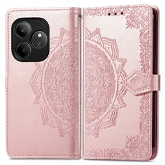 For Realme GT 6 5G Case Card Holder Cash Slots Leather Phone Cover Embossed Mandala Pattern - Rose Gold